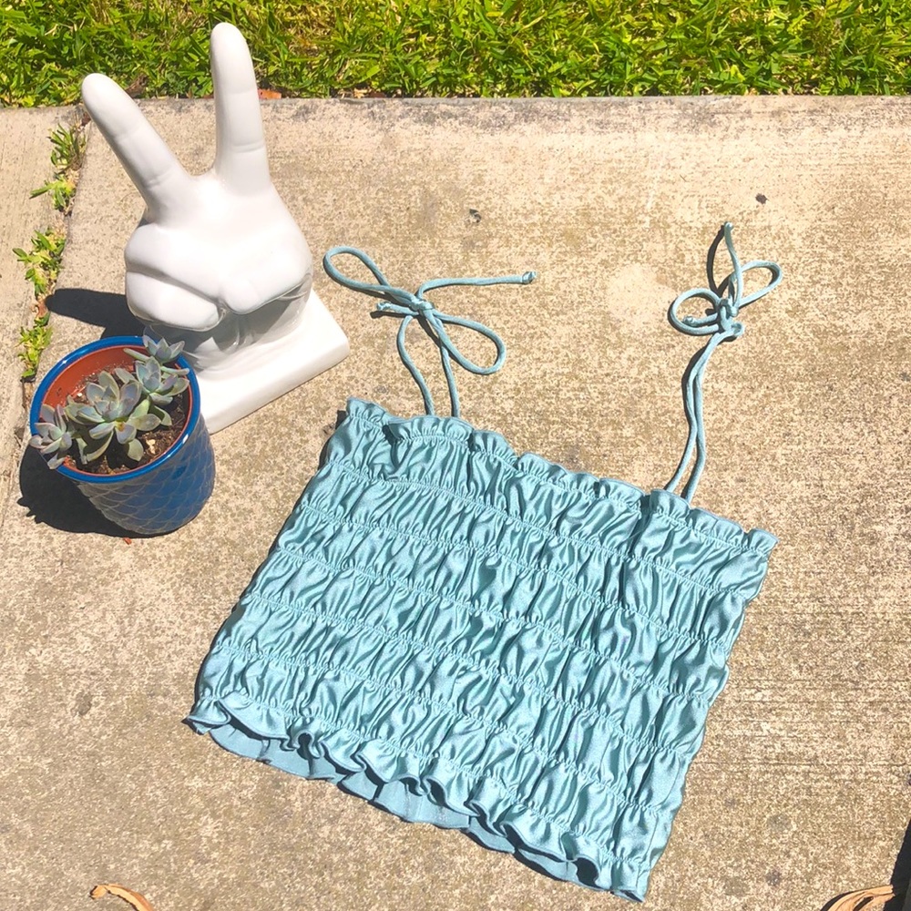 Sea foam shiny scrunchy tie top Urban Outfitters